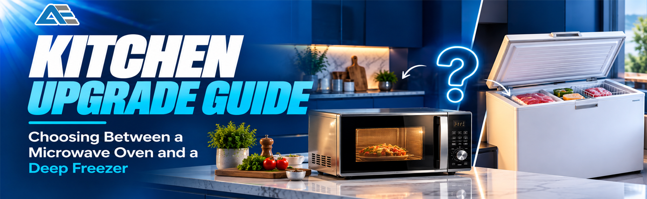 Dawlance deep freezer in a Pakistani kitchen”, “convection microwave oven on kitchen counter